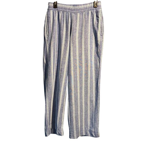 Old Navy High Rise Wide Leg Linen Blend Pants Blue White Flowy Pockets Beach - Picture 1 of 8